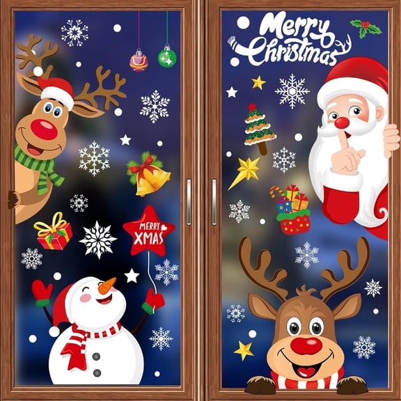 Christmas Window Clings 256pcs, Christmas Decals Reusable Double Sided Printed Self Adhesive Window Decorations Santa Claus, Moose, Snowman,Socks,Xmas Tree and Snowflakes Window Stickers, 8 Sheet