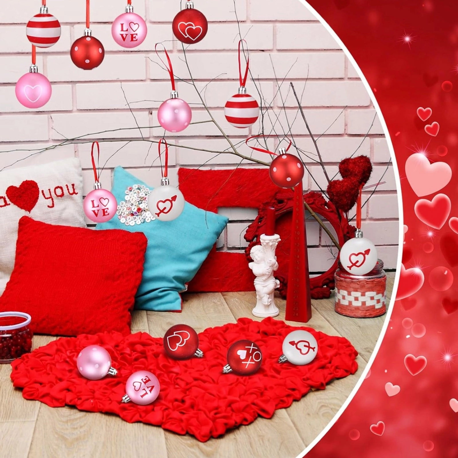 Valentine's Day Heart Ornaments Set - 12 Pieces Red Heart-Shaped Hanging Decor for Home Indoor Party Wedding Table Fireplace Mantel