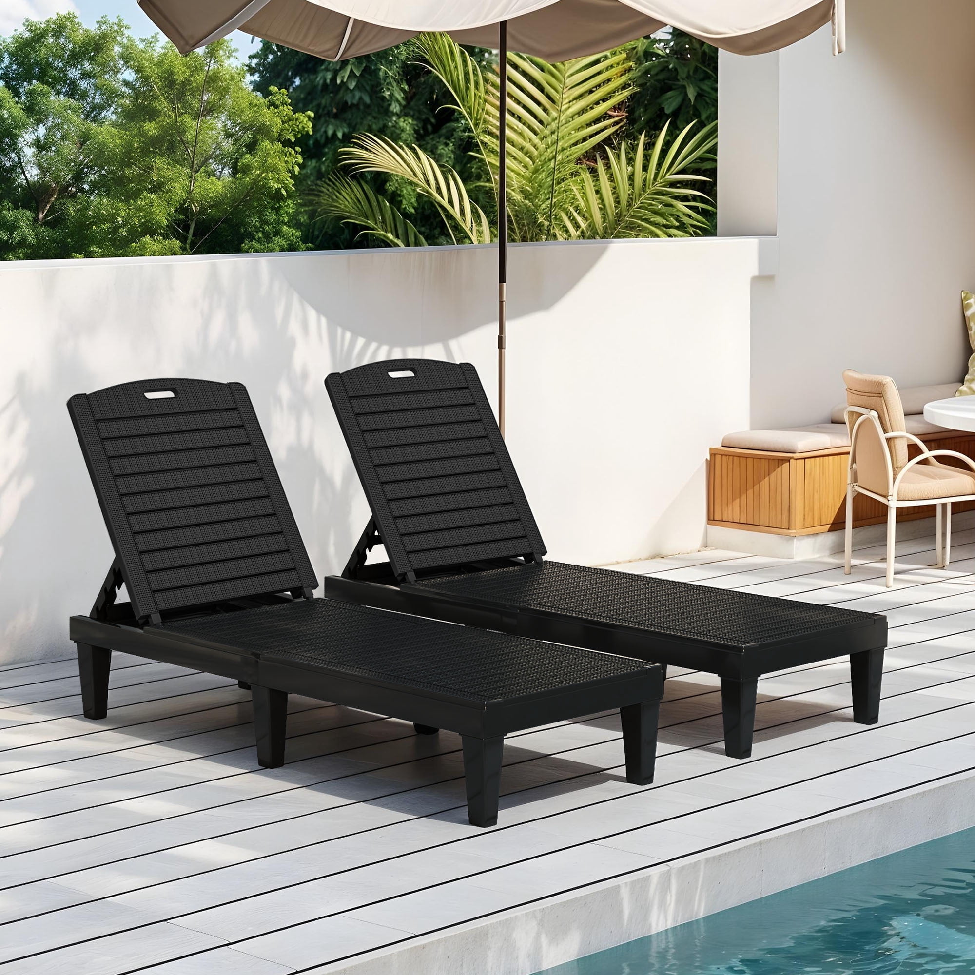 Uforic Outdoor Plastic Chaise Lounge Chair, 5-Position Adjustable Waterproof Poolside Recliner, Easy Assembly Patio Lounger for Garden Backyard, Black, 1 Piece
