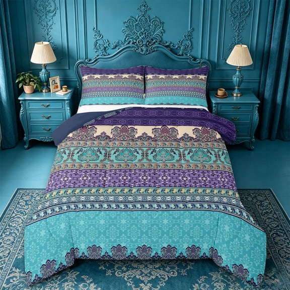 jejeloiu Boho Border Queen Comforter Set For Men Women,Floral Print Comforter Sets Queen,Purple Teal,Navy Blue Reversible,3pcs,1 Comforter and 2 Pillowcases
