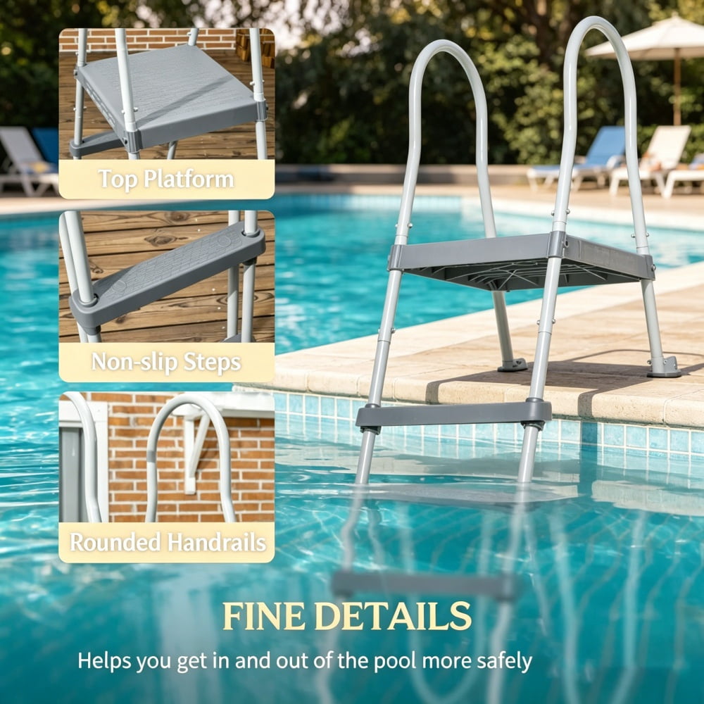 Gray Above-Ground Pool Ladder for Pools Up to 48" Deep, 4-Step Stair with Flip-Up Entrance, Safety Handrails & Textured Steps, 330 lbs Capacity
