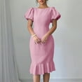 thumbnail image 4 of Uaswgudfs Women's Short Sleeve Fitted Midi Dress - Summer Casual Ruffled Hem & Pleated Accents, Knee-Length Style Pink L, 4 of 9