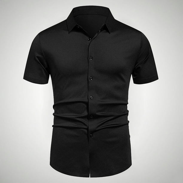 pstuiky camisetas para hombre, Camisa informal de negocios de color liso con solapa y botones de manga corta para hombre camisetas de hombre l
