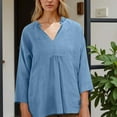 thumbnail image 3 of Viluyesy V-Neck T-Shirt for Womens 3/4 Sleeves Shirt Tops Fashionable Cotton Loose Blouse Light Blue Size L, 3 of 7