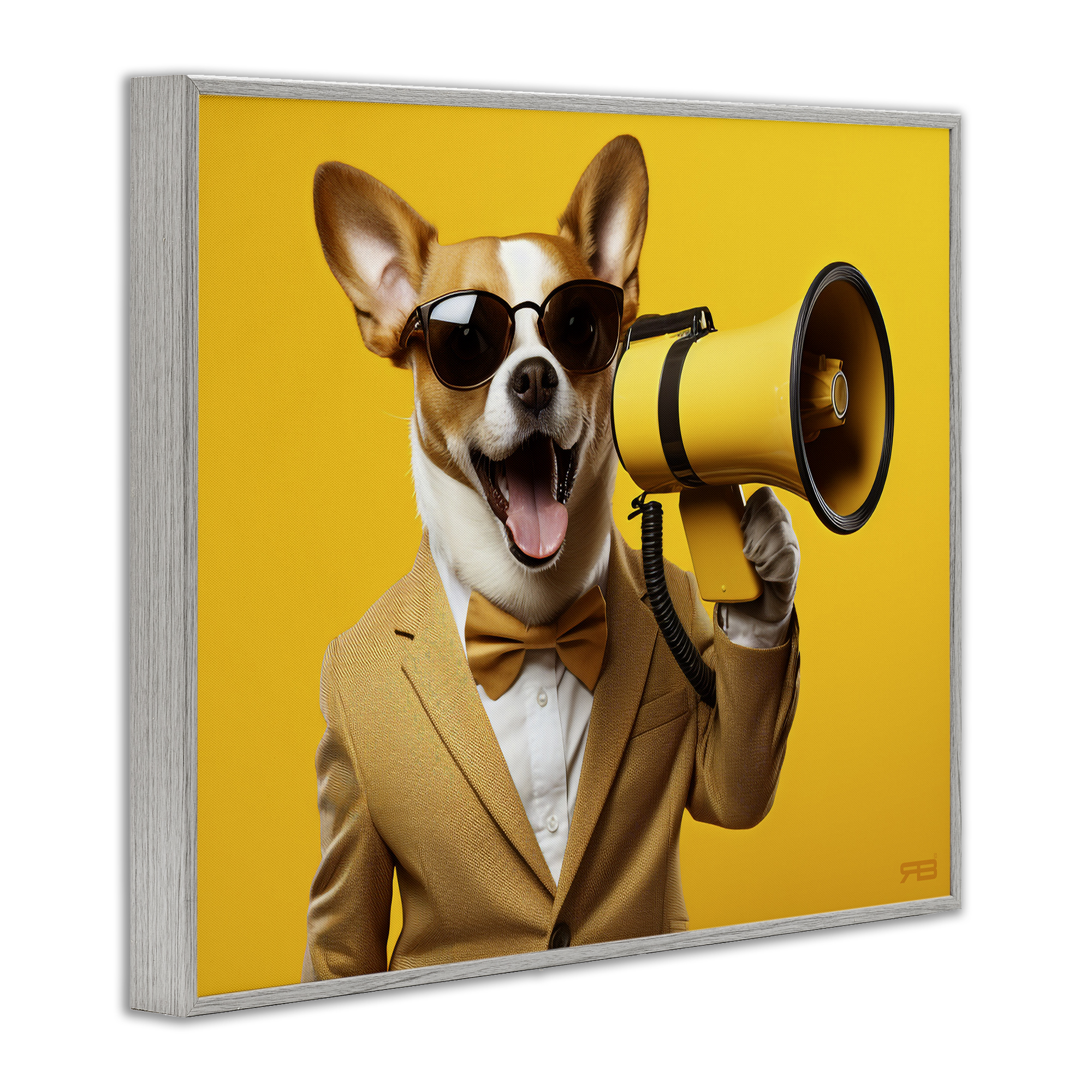 Stupell Industries Dog with Yellow Megaphone Animals & Insects Painting Gray Framed Art Print Wall Art, 30 x 24