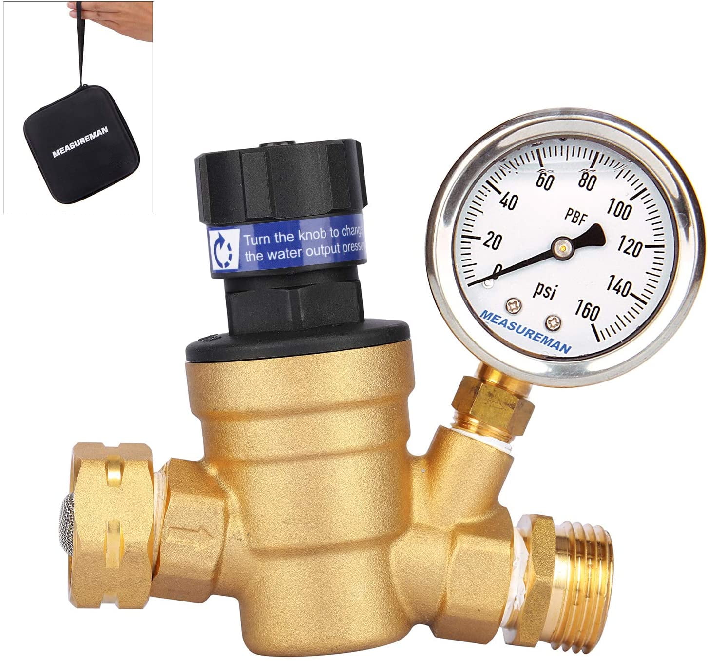 Water Pressure Regulator 3/4’’ GHT Handle Adjustable Brass Lead-Free RV Pressure Reducing Valve with Gauge 160PSI and 2 Inlet Screened Filters for RV Camper Travel Trailer Garden 