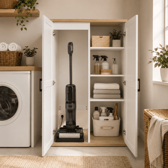 55" Tall Wooden Broom Cabinet, White Storage Closet with 2 Doors & Adjustable Shelf