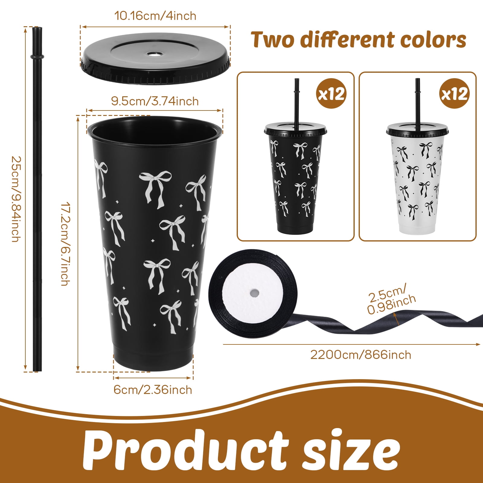24 Pcs 24oz Bow Plastic Cup with Lid Straw and Ribbon Reusable Tumbler for Birthday Wedding Baby Shower Bridal Party Black