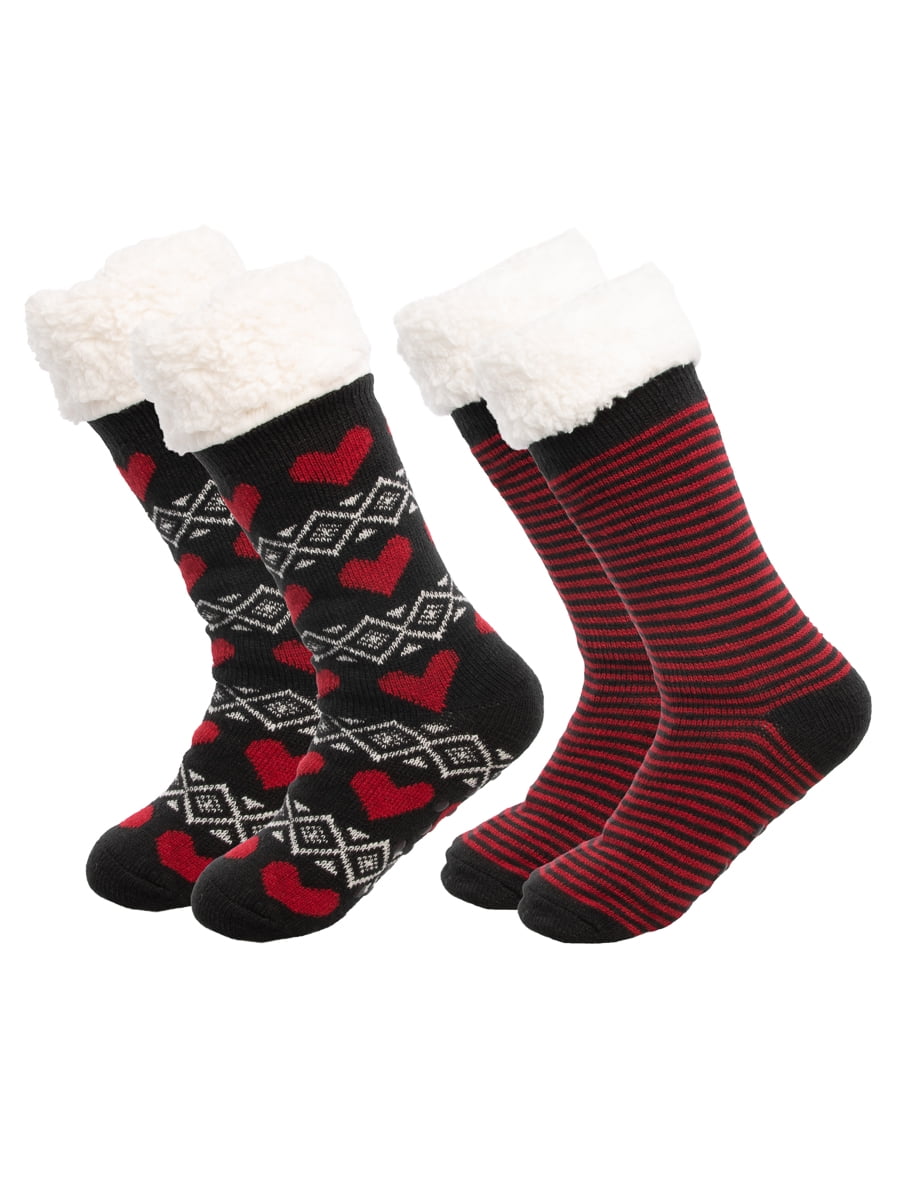 Free Press 2 Pr Women's Warm Fuzzy Cozy Sock Slipper Socks Black Red Heart Gray 