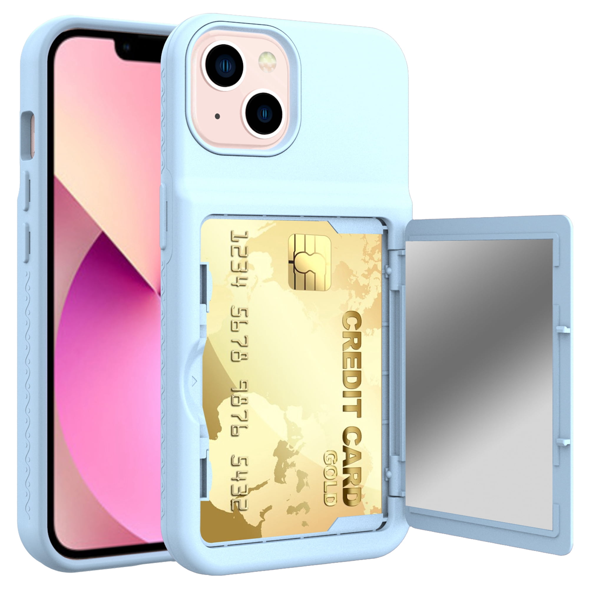 iPhone 13 Card Holder Wallet Case,Dteck Shockproof Rubber Hybrid PC with Hidden Mirror Dual Layer Cover Lightweight Protective Back Phone Case for Apple iPhone 13 6.1-inch,Blue