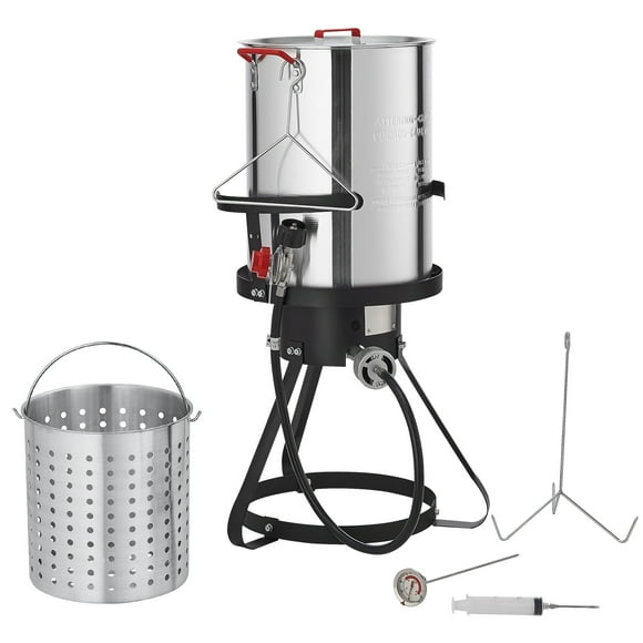 KFFKFF Deep Fryer for Turkey, Set of 30-qt Boiler Steamer Cooker, Outdoor Aluminum Pot for Seafood Frying, Propane Gas Boiler with 54,000 BTU Burner, Comes with Basket, Poultry Rack with Perforations