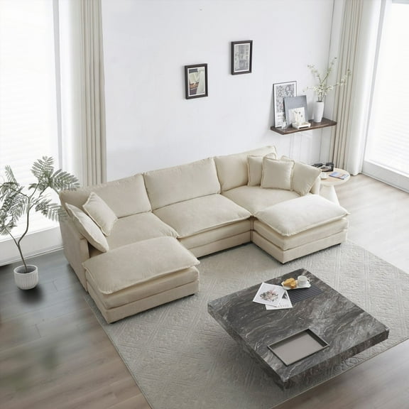 Modern U-Shaped Sectional Sofa (Beige Chenille) with Reversible Footrest for Living Room, 5-Seater Convertible