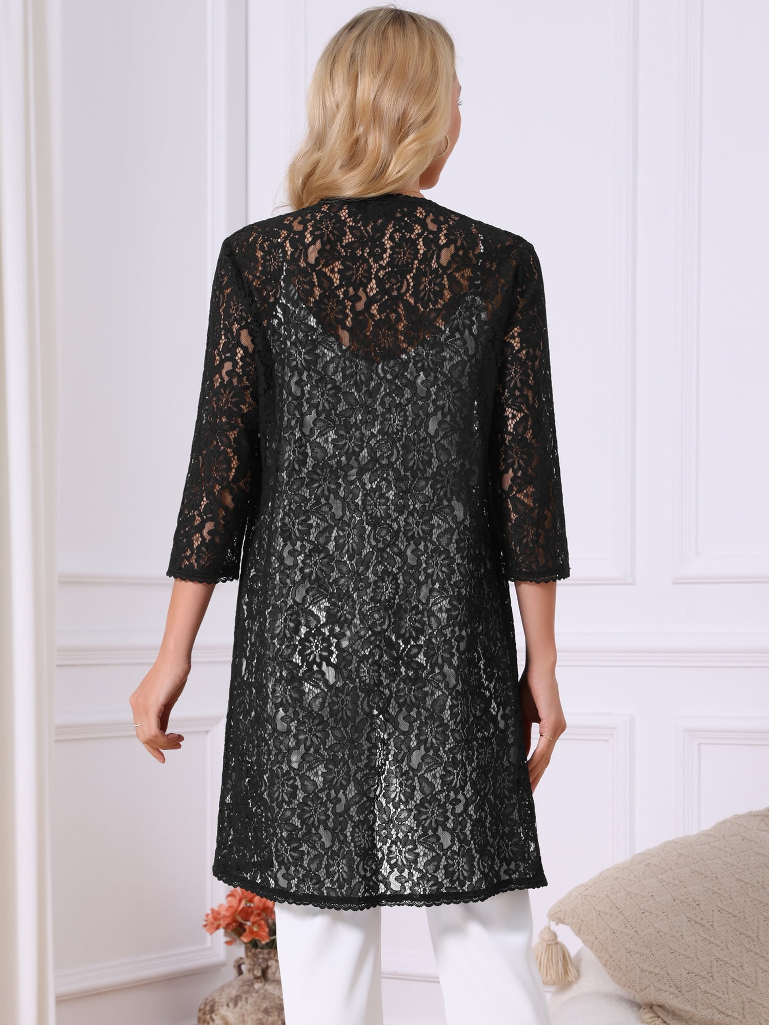 DARING DIVA Lace 3/4 Sleeve Crochet Open Front Long Cardigans S Black