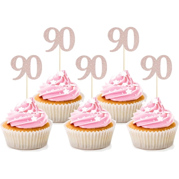90th Birthday Cupcake Toppers, Rose Gold Glitter, 12 Pack, Happy 90th Party Decorations