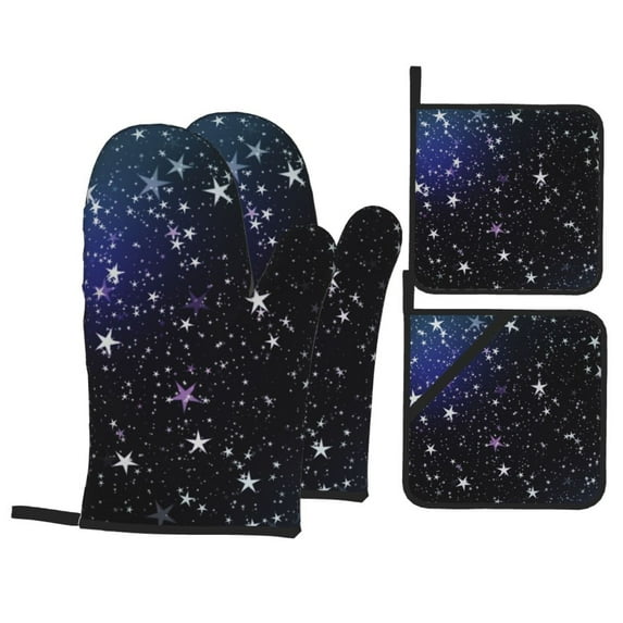 YFYANG Oven Mitts and Pot Holders Sets 4 Pieces, Non-Slip Heat Resistant Starry Milky Way Kitchen Glove Pot Mat for Cooking and Baking