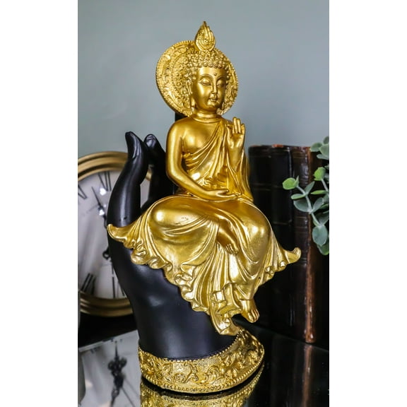 Feng Shui Golden Fire Buddha Gautama Meditating On Black Mudra Hand Figurine