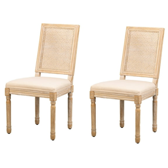 Set of 2 Wooden Chairs with Cane Backs and Beige Fabric Seats Classic Style Dining Room
