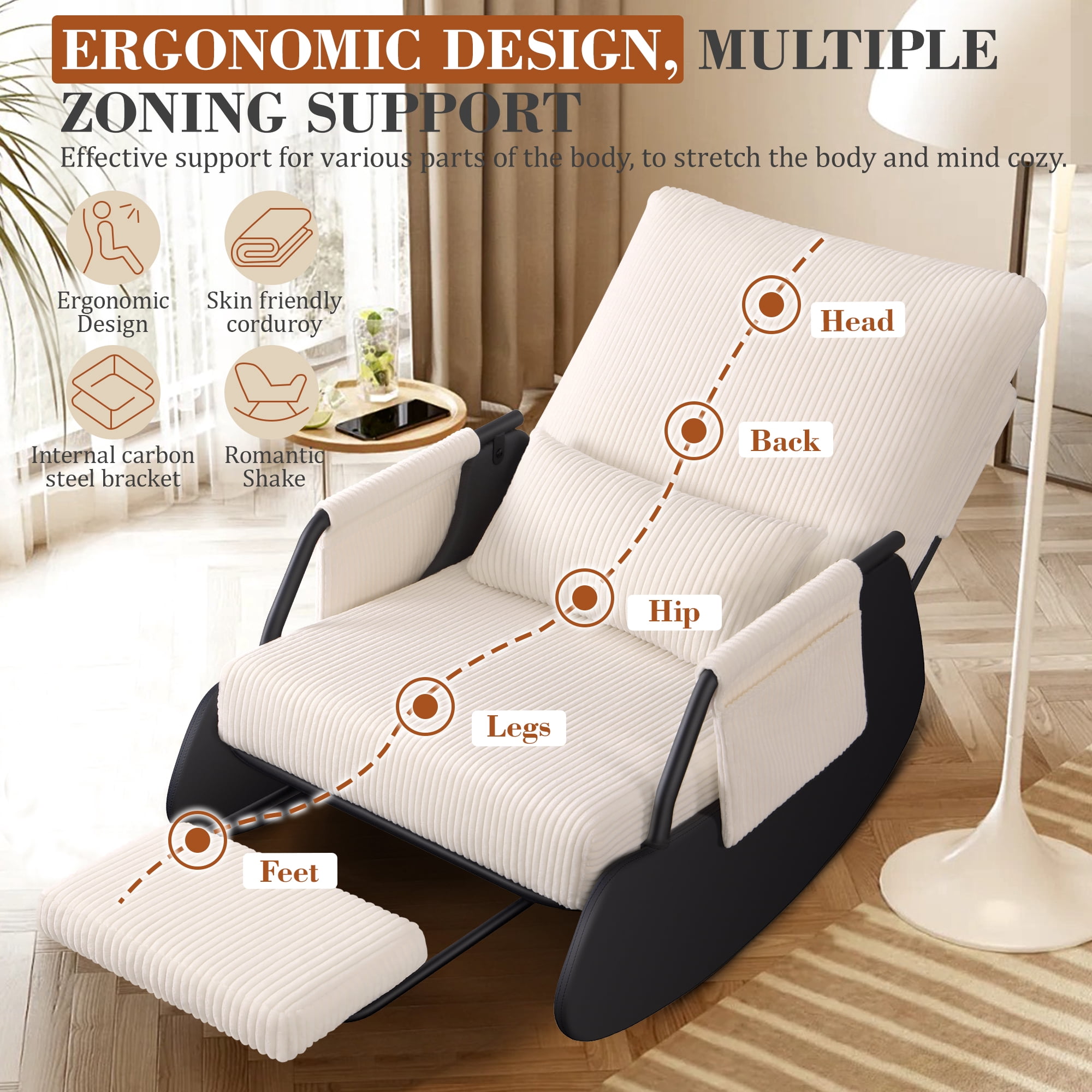 Primy Nursery Rocking Chair, Low-Seat Glider Chair, Upholstered Rocking Accent Chair Recliner with Side Pocket and Foot Rest for Mom Nursery Living Room Bedroom