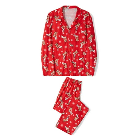 

Family Matching Christmas Pajamas Sets Deer Snowflake Print Lapel Long Sleeve Tops + Elastic Waist Long Pants Loungewear Set
