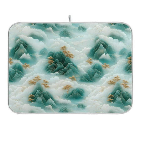 

White Clouds Green Mountains Dish Drying Mat 16x18 Absorbent Microfiber Draining Rack Pad for Kitchen Counter Sink