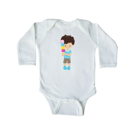 

Inktastic Boy With Ice Cream Brown Hair Blue Shirt Shorts Gift Baby Boy Long Sleeve Bodysuit