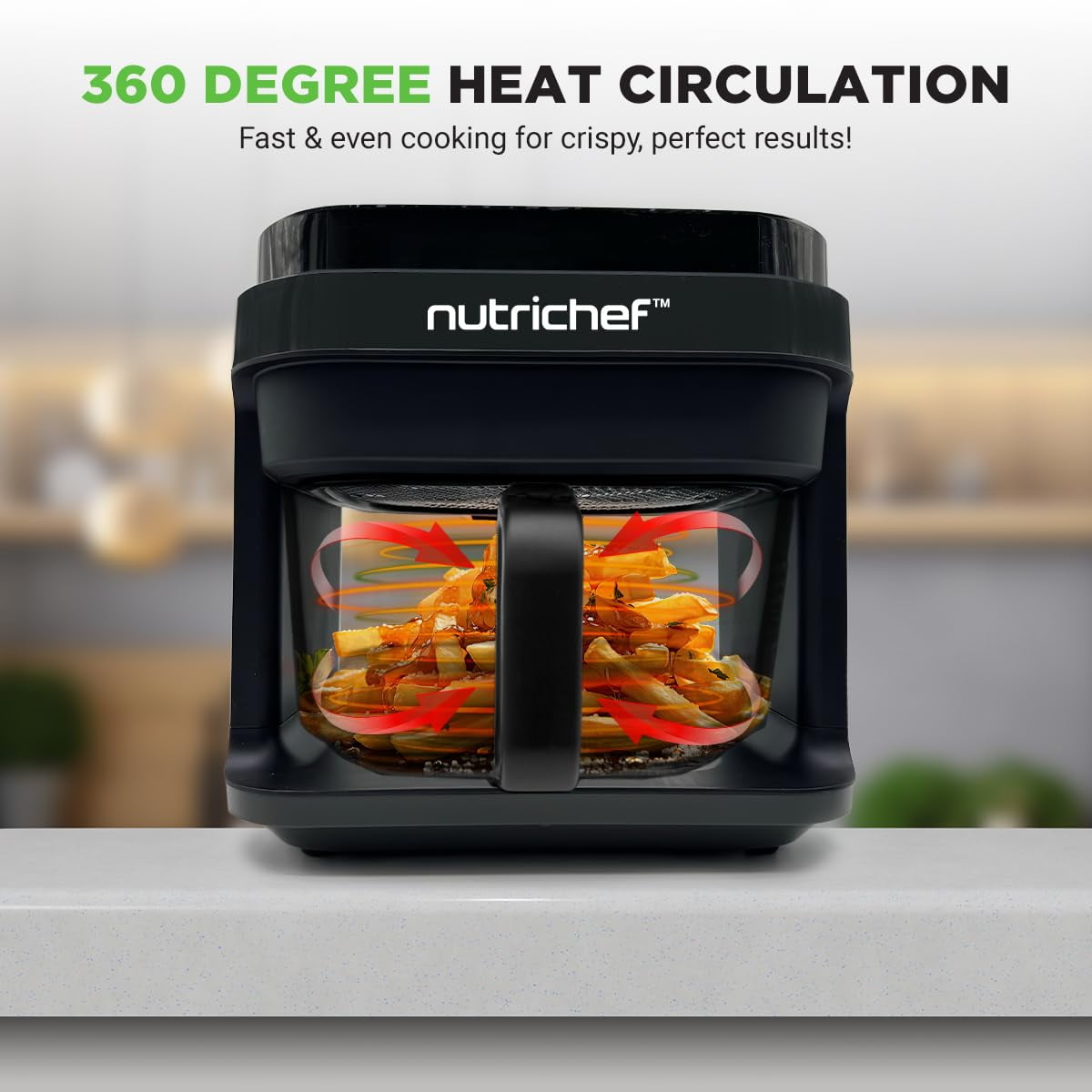 Nutrichef 5.8 Quart Air Fryer - 8-1 Preset Cook Modes - Transparent Fry Bowl for Best Cooking Results - Cook Shrimp, Steak, Fries, Wings, Chicken & More - Precise Temperature Control & Time - Grey