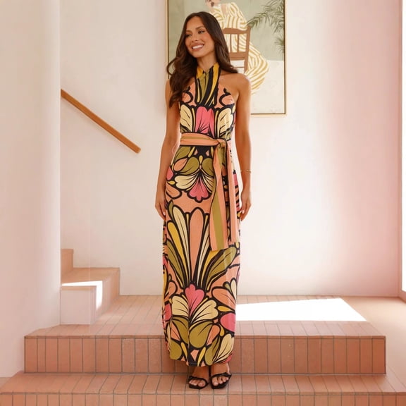 Women's Retro Abstract Floral Print Halter Maxi Dress Sleeveless Tie Waist Boho Summer Vacation Dress
