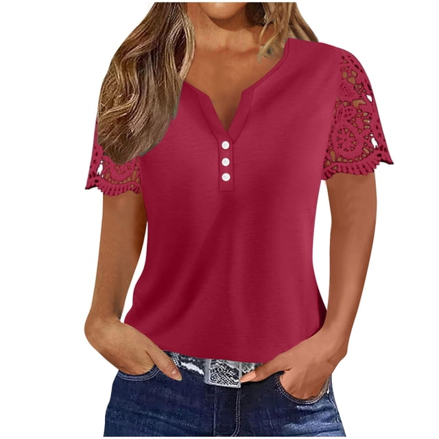 Timegard Womens Summer Tops Notched V-Neck Button Lace Short Sleeve Solid Color Dressy Casual Tunic Tops