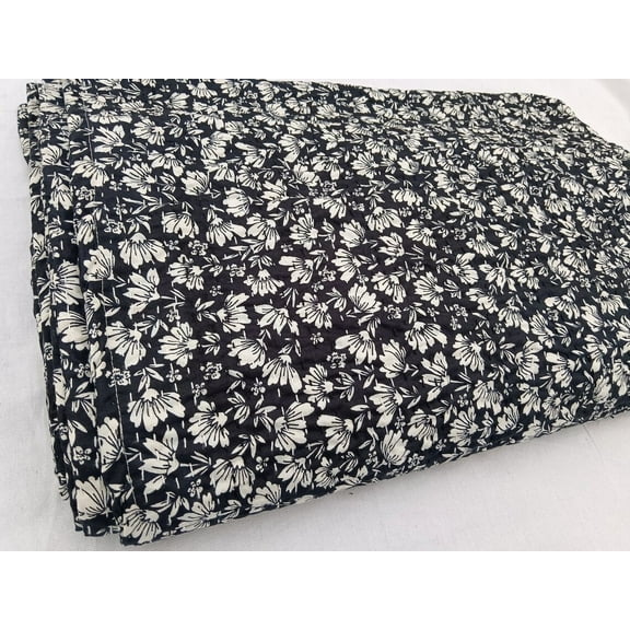 Julia Design Kantha Quilt Handblock Print Black& white floral Kantha Indian Netural Colour Indian inspired Bedding Hand Stitched Rural quilt