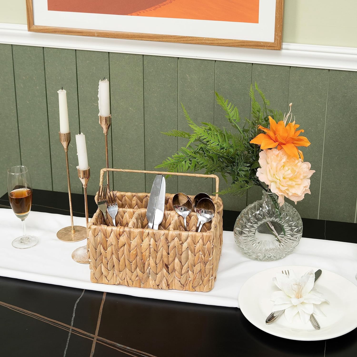 Woven Divided Cutlery Storage Organizer, Wicker Flatware Organizer,Rectangular Basket Holder for Kitchen Table, Cabinet, Pantry - Utensil Caddy for Forks, Knives, Spoons, 10 x 7.9 x 5.9 inches