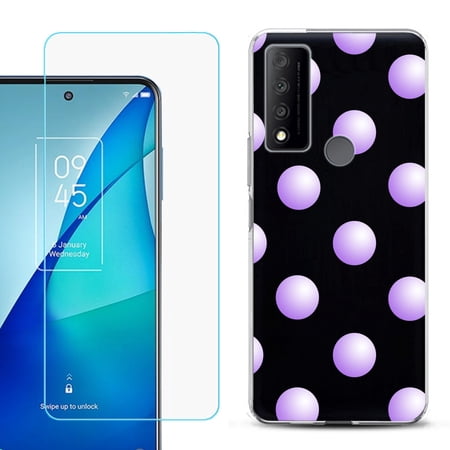 Slim-Fit Gel TPU Phone Case for TCL 4X 5G with Tempered Glass Screen Protector by OneToughShield ® - Polka Dot / Purple
