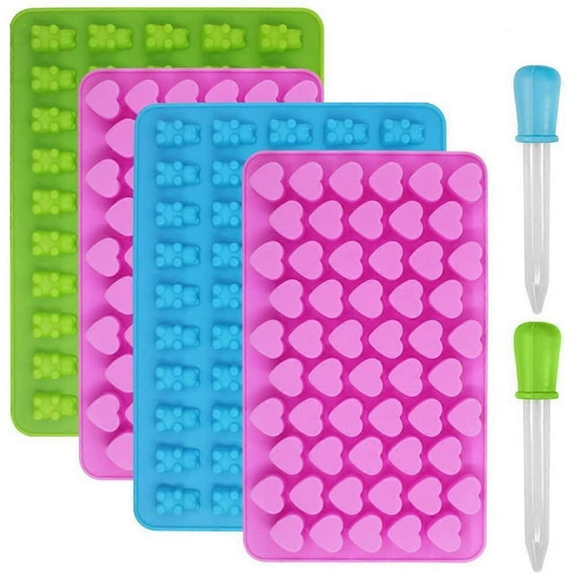 4pcs Gummy Bear Candy Molds Silicone, Gummy Molds with 2 Droppers, Non-stick Silicone Candy Molds