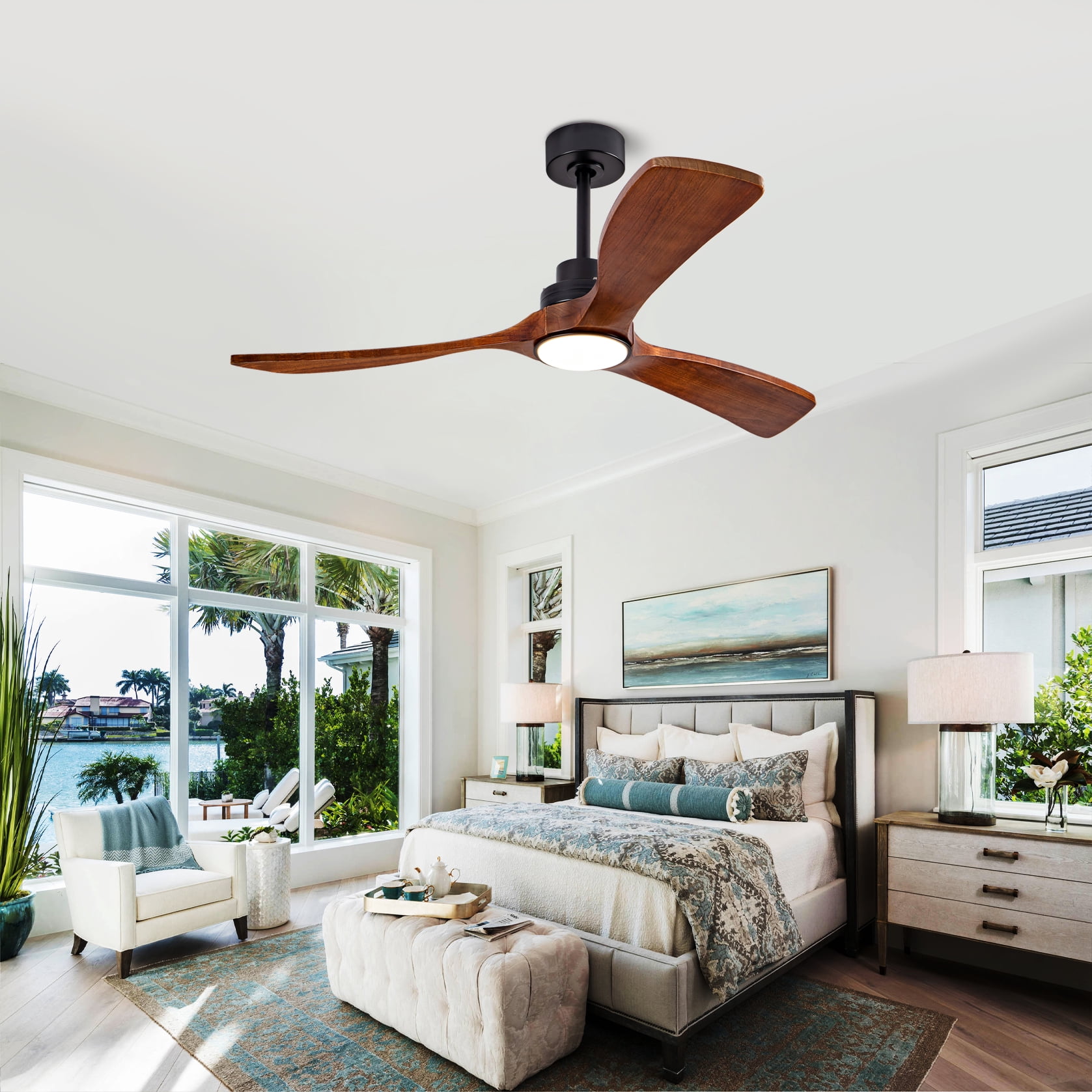 Mintazer 52 in Ceiling Fan with LED Light, Modern Ceiling Fan with Handheld Remote for Indoor Outdoor Bedroom Living Room, Walnut