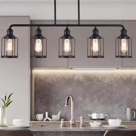 

Kitchen Island Light 5-Light Dining Room Light Fixture Cage Linear Pendant Lighting for Kitchen Island Dining Table Living Room Black Metal