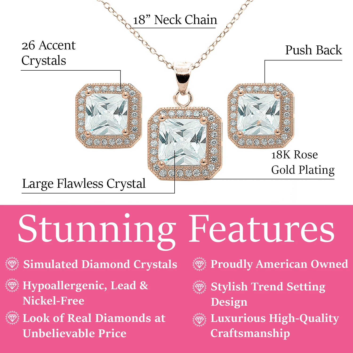 Cate & Chloe Norah 18k Rose Gold Plated Jewelry Set with Simulated Diamonds Gift for Women