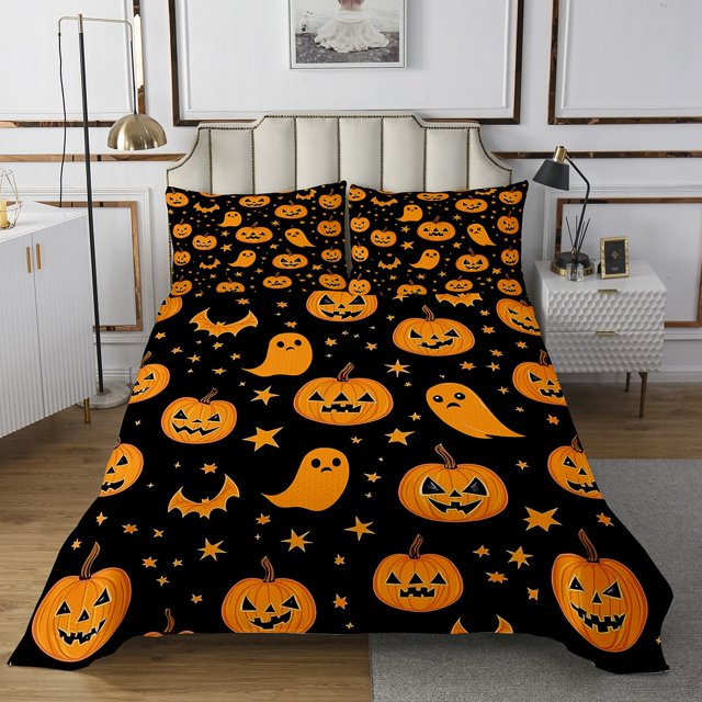 Erosebridal Couvre-Lit Jumeau Citrouille Dessin Animé Kawaii Ghost Réversible Respirant Ensemble 2 Pcs