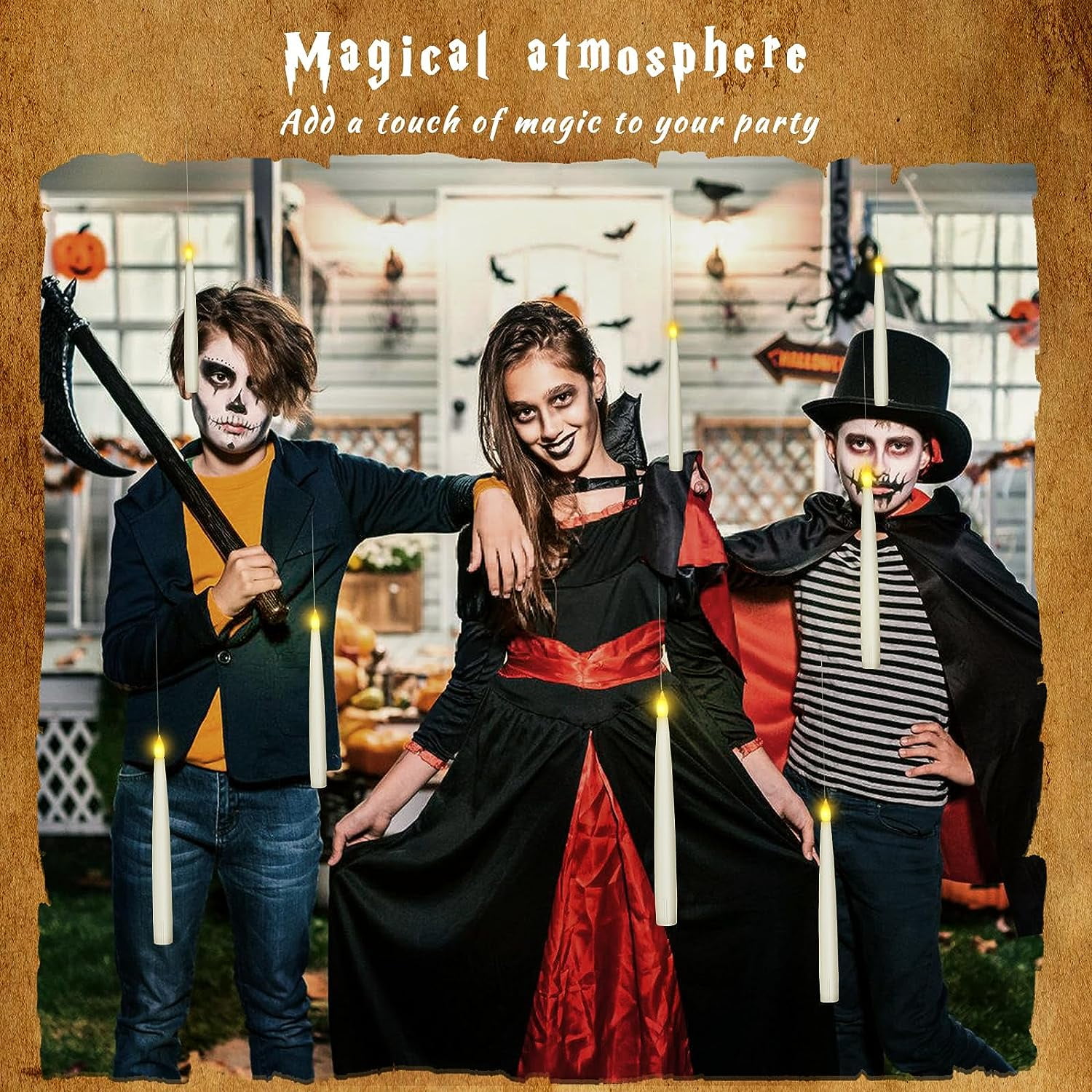 10PCS Floating Candles with Wand, Magic Hanging Candles, Flickering Warm Light LED Flameless Candles with Wand Remote, Halloween Candles Decor Indoor Theme Party
