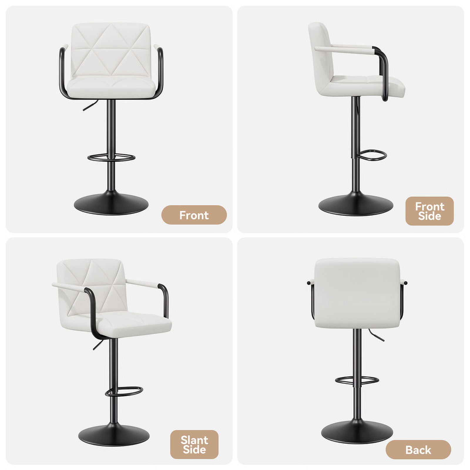Hawsaiy Modern Bar Stools Set of 2, PU Leather Adjustable Swivel Bar Chairs with Armrests and Back, Hydraulic Counter Height Stools with Footrest for Kitchen Island, Dining Room, Bar, White