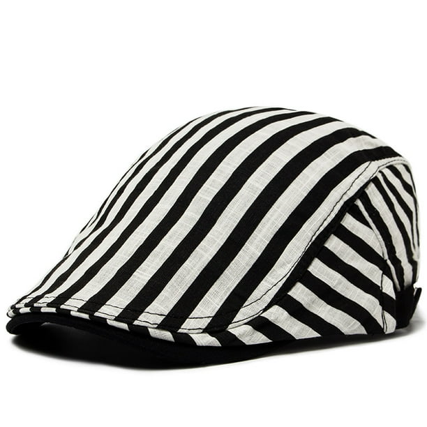 Gorra plana de algodón o mezclilla a rayas en blanco y negro para hombre