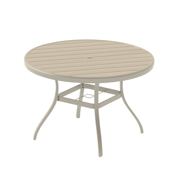Round Patio Dining Table for 6-7, All Weather Metal Dining Table with Umbrella Hole for Deck Lawn Garden Backyard, Sandstone Color