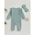 thumbnail image 4 of Suealasg Infant Baby Girls Fall Clothes Long Sleeve Ruffle Trim Full Length Jumpsuits Headband 3 6 12 Months Newborn Girls Ribbed Romper Bodysuit Headband, 4 of 7
