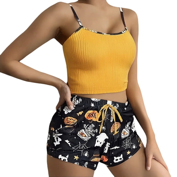 MVRLSH Womens Pajama Sets for Women 2 Piece Halloween Pattern Tank Top And Shorts Home wear Outfit Soft Sleepwear Lounge Set Yellow - L