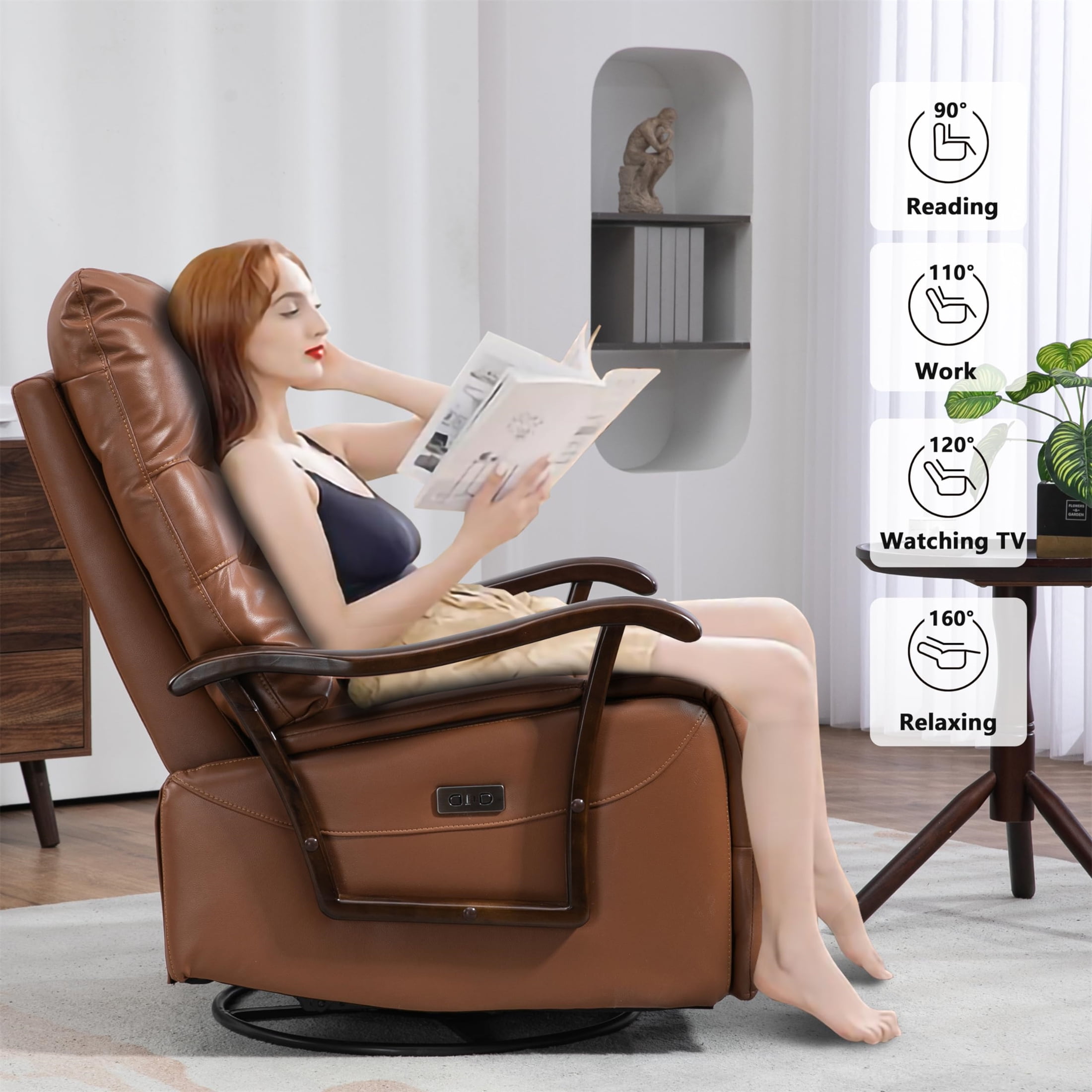 Aukfa Power Recliner Swivel Glider, Living Room Reclining Sofa Chair with USB Port, Leather, Brown