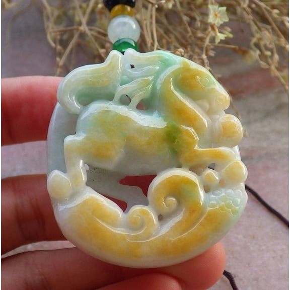 Certified Yellow Green Burma 100% Natural A Jade jadeite Pendant Horse Money Coin Ruyi Necklace 647609 TN
