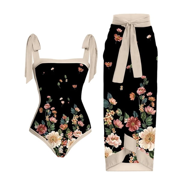 MKLEKYY Trajes De Baño Mujer Curvy Women 1 Piece Swimwear+1 Piece Cover Up Two Piece Vintage Print Swimsuit Monokini Bikini 2 Piece Swimsuits Two Piece Tankini Set 1916