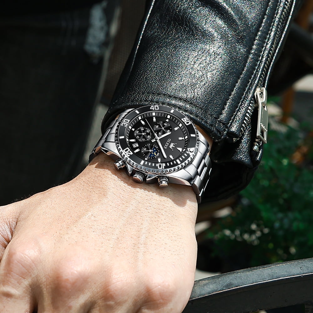 OLEVS Mens Watches Chronograph Luxury Dress Moon Phase Quartz Stainless Steel Waterproof Luminous Business Calendar Wrist Watch Black Dial