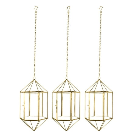 Wholesale Metal - Koyal Wholesale Gold Geometric Metal Glass Hanging Candle Lantern Set of 3 Geometric Modern Prism Pendants