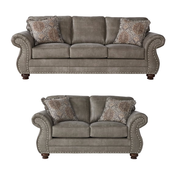 Roundhill Leinster Nailhead Sofa and Loveseat 2-piece Set, Faux Leather, Stone Gray
