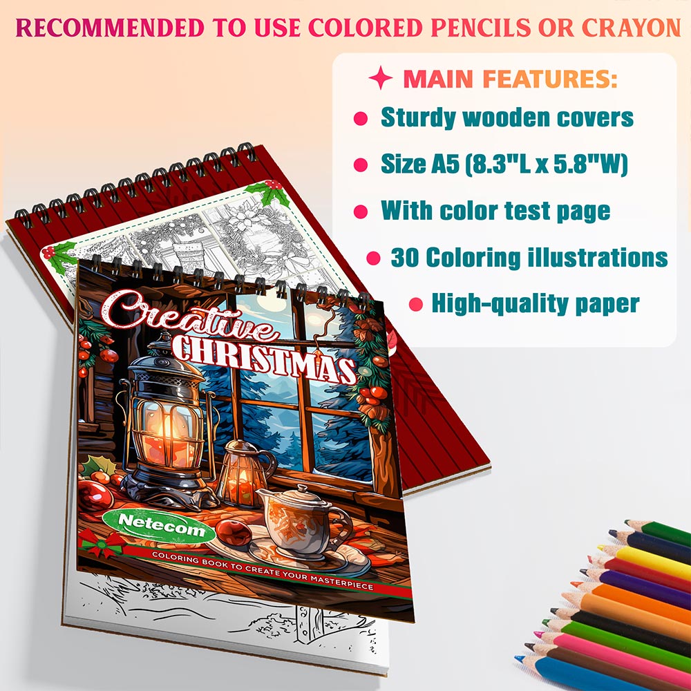Netecom Creative Christmas Coloring Book Spiral Bound for Adults, A5 Wooden Cover, 30 Delightful Coloring Pages of Holiday Scenes for Stress Relief and Relaxation