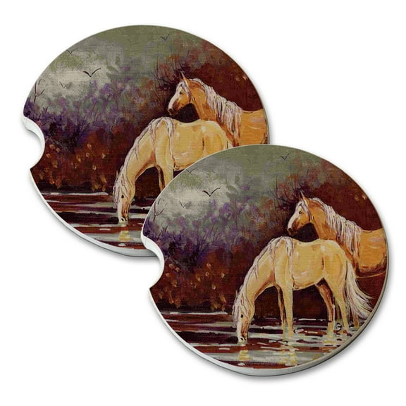 KuzmarK Sandstone Car Drink Coaster (set of 2) - Palominos at Creek in Autumn Abstract Horse Art by Denise Every